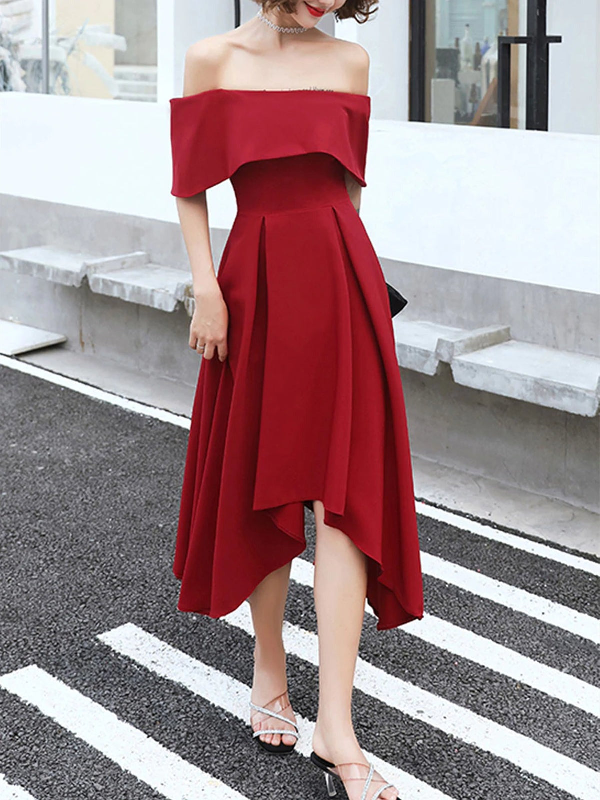 Off the Shoulder High Low Tea Length Prom Dresses, Formal Graduation Evening Dresses,  Homecoming Dresses
