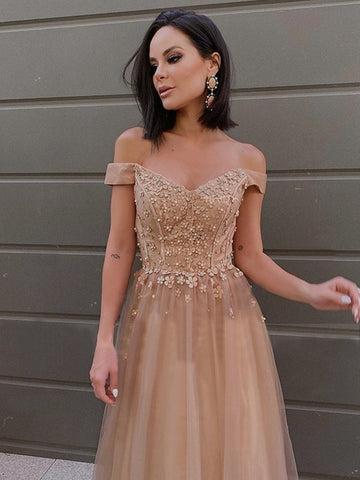 Off the Shoulder Long Tulle Lace Prom, Formal, Evening Dresses
