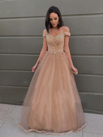 Off the Shoulder Long Tulle Lace Prom, Formal, Evening Dresses