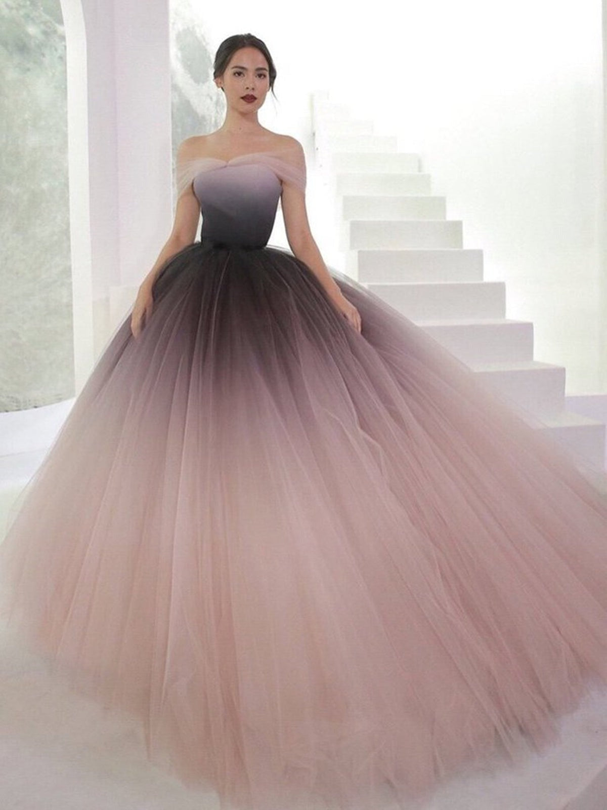 Long Off the Shoulder Ombre Tulle Prom Gown,  Formal Prom Evening Dresses