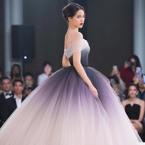 Long Off the Shoulder Ombre Tulle Prom Gown,  Formal Prom Evening Dresses
