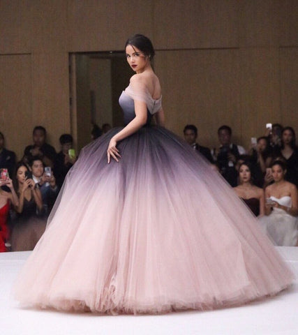 Long Off the Shoulder Ombre Tulle Prom Gown,  Formal Prom Evening Dresses