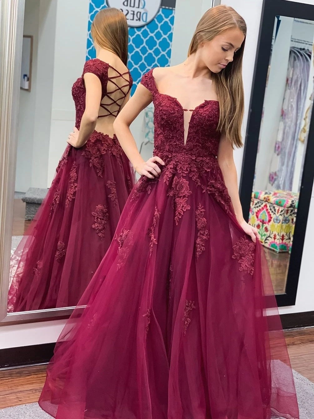 Off Shoulder Open BackLace Prom ,  Formal, Lace Evening Dresses