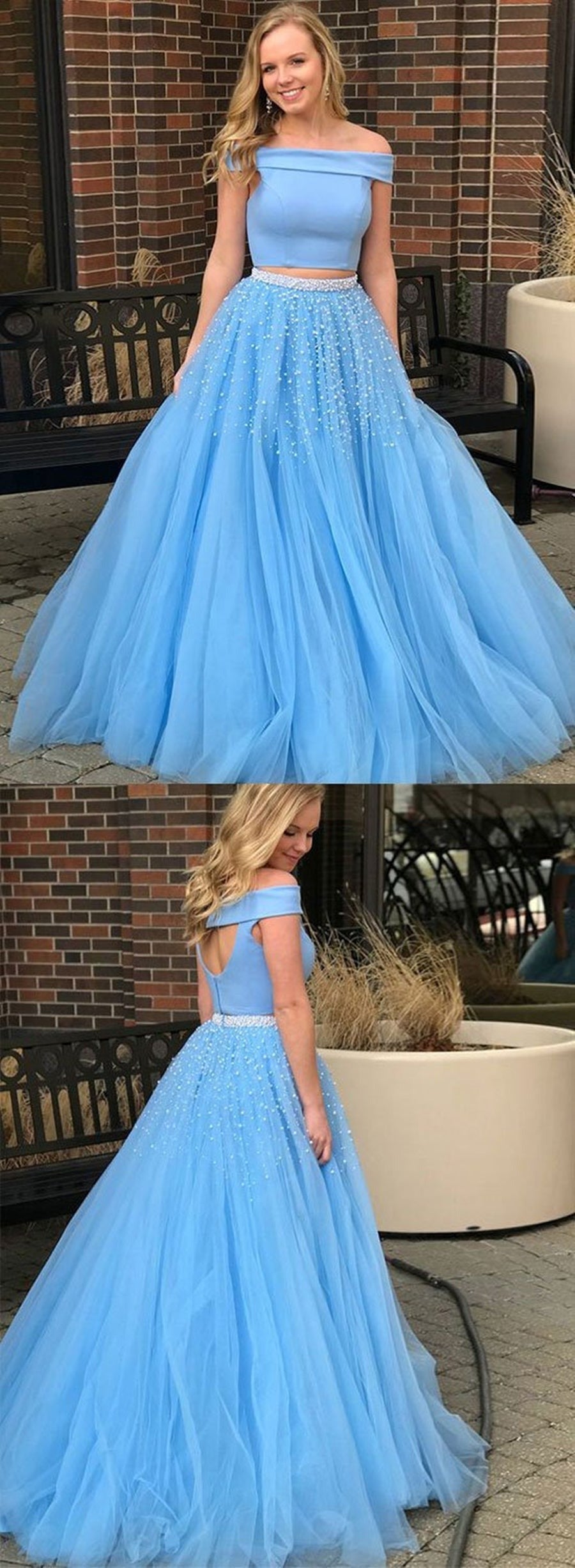 Off the Shoulder  Beading Pink/Light Sky Blue Prom,  Formal,  Long Evening Dresses