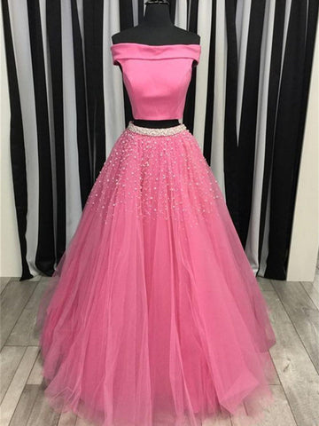 Off the Shoulder  Beading Pink/Light Sky Blue Prom,  Formal,  Long Evening Dresses