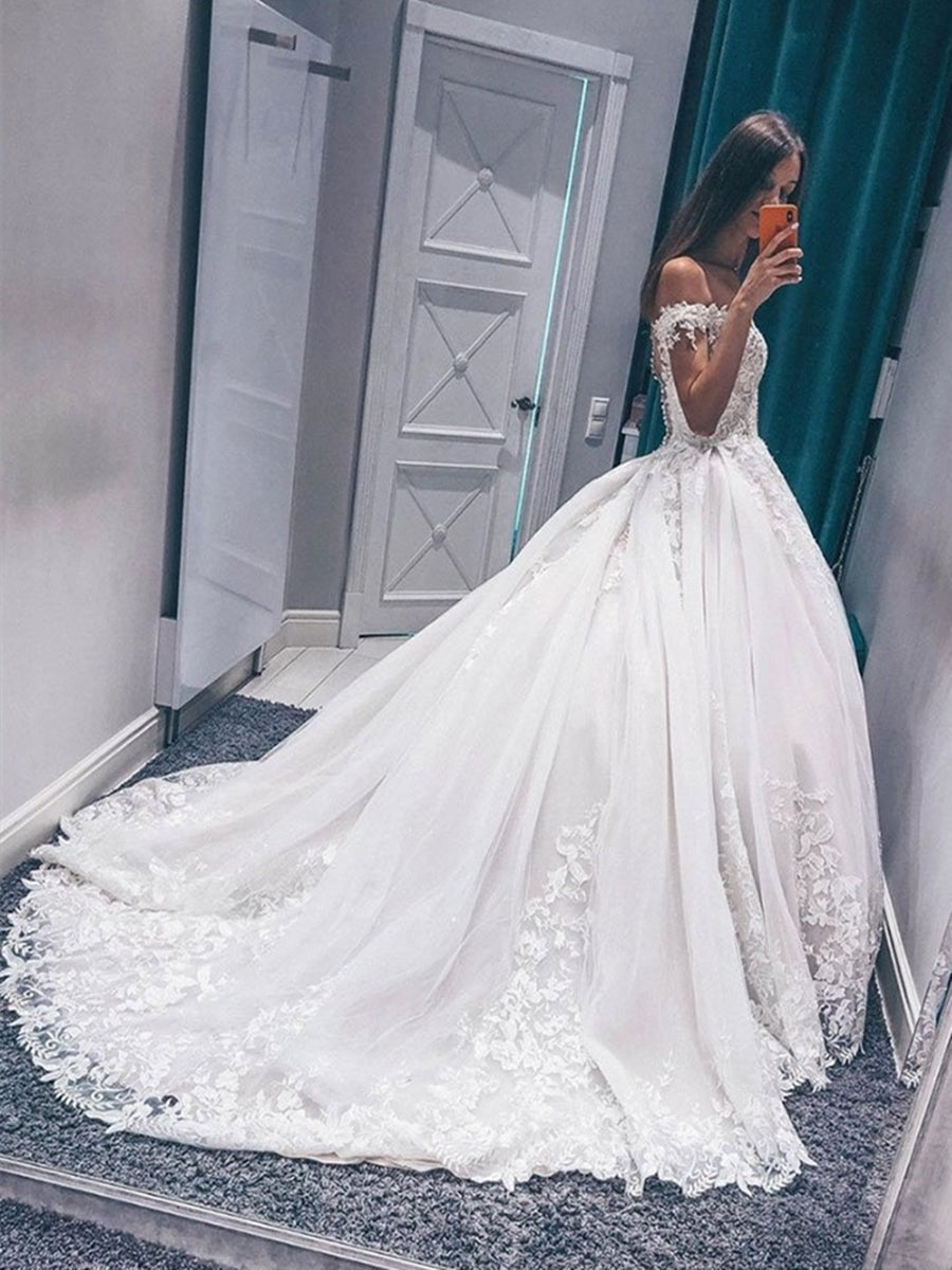 Off The Shoulder Lace Appliques Long Wedding,Prom, Formal Evening Dress