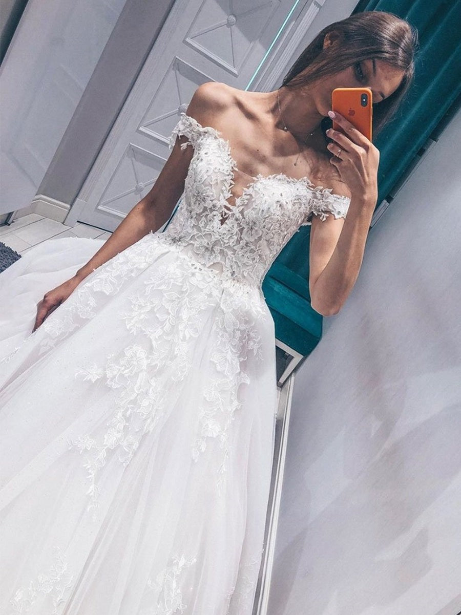 Off The Shoulder Lace Appliques Long Wedding,Prom, Formal Evening Dress
