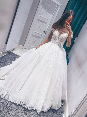 Off The Shoulder Lace Appliques Long Wedding,Prom, Formal Evening Dress