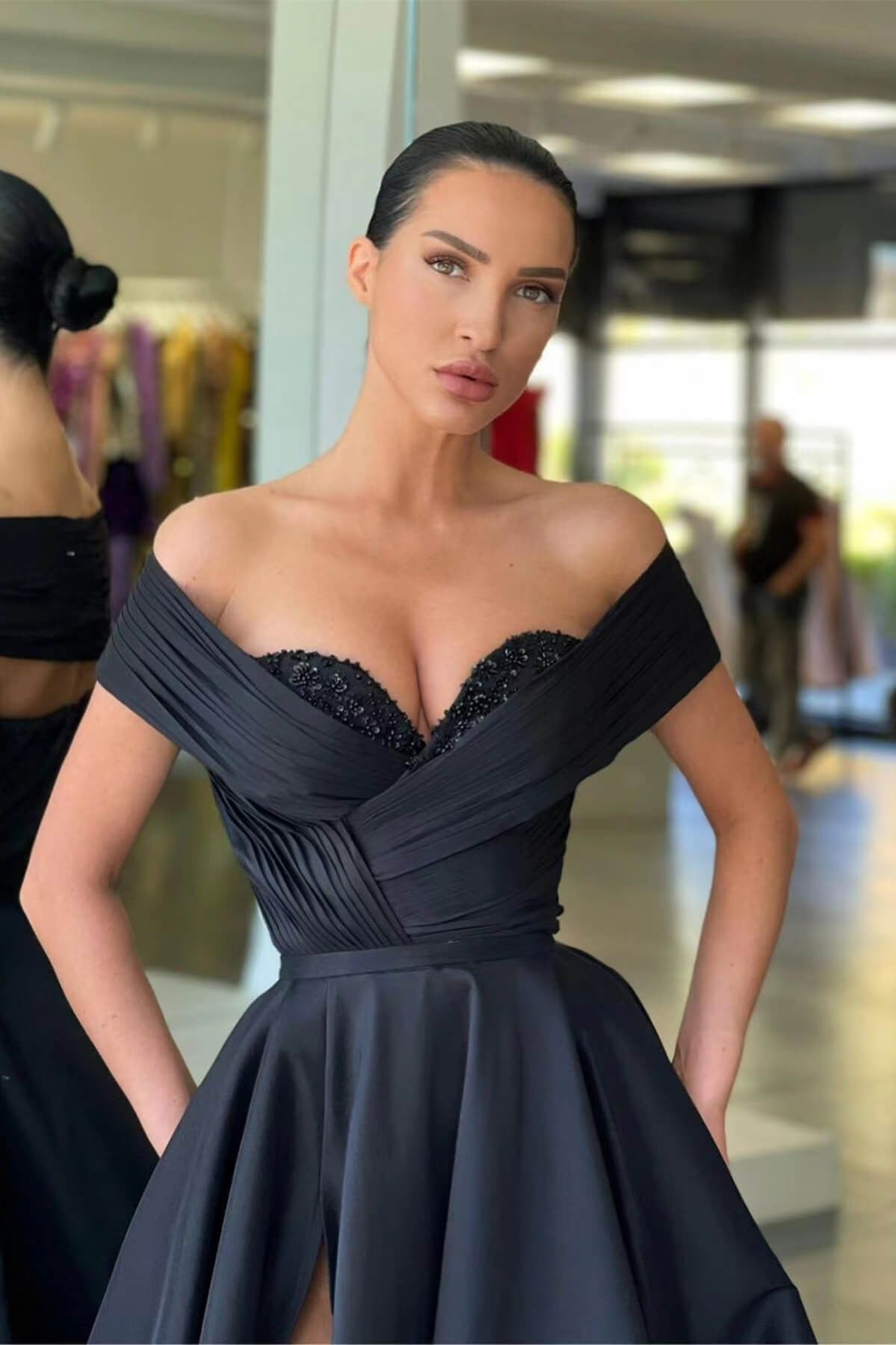 A-Line Split Long Off-The-Shoulder Beads Prom Dress