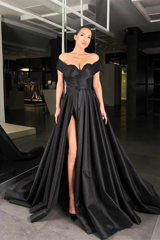 A-Line Split Long Off-The-Shoulder Beads Prom Dress