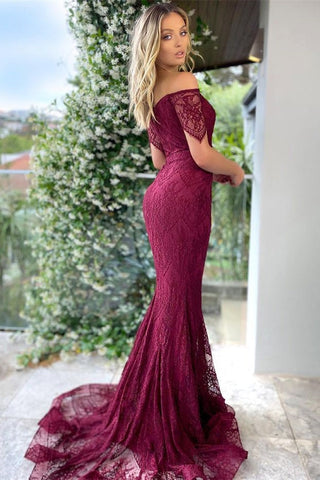 Off-The-Shoulder Mermaid Prom Dress with Short Sleeves and Applique