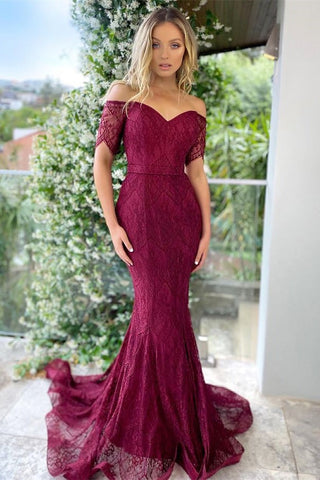 Off-The-Shoulder Mermaid Prom Dress with Short Sleeves and Applique
