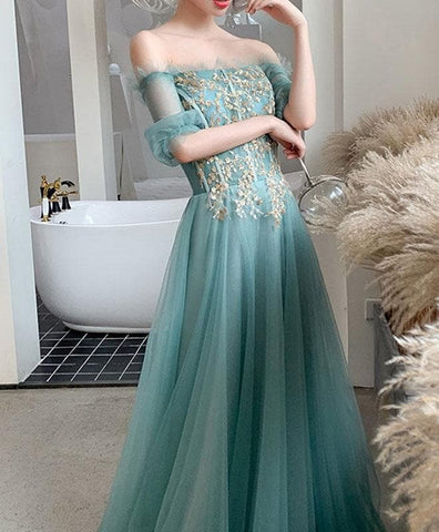 Off The Shoulder Tulle  Prom Dresses with Appliqued