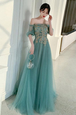 Off The Shoulder Tulle  Prom Dresses with Appliqued