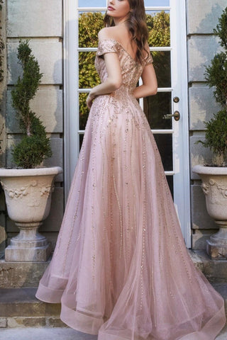 Sweetheart Off-The-Shoulder Prom Dress With Beads and Sequins Tulle