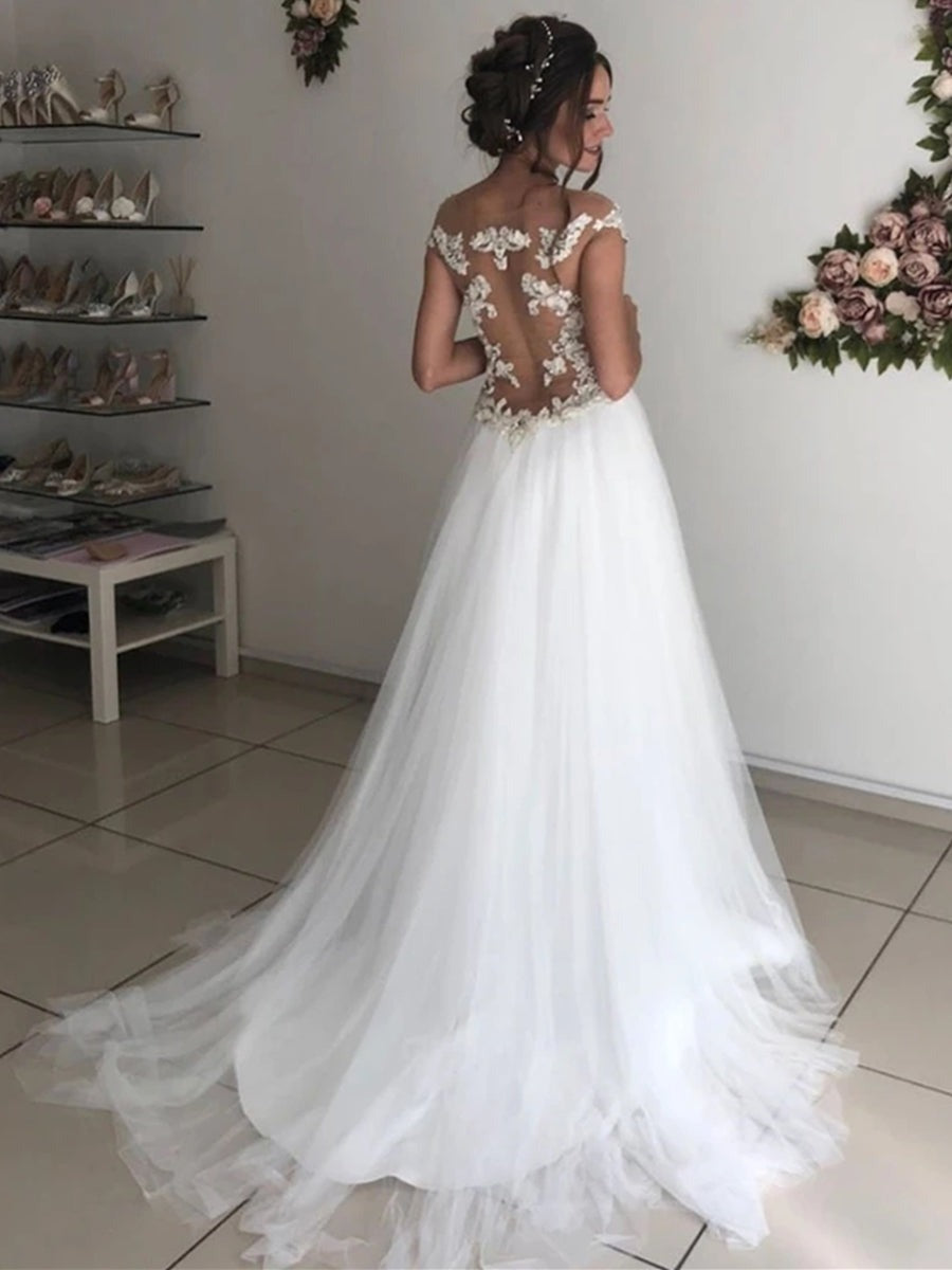 Off the Shoulder Round Neck Lace Wedding, Long Prom Formal Evening Dresses