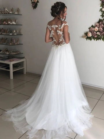 Off the Shoulder Round Neck Lace Wedding, Long Prom Formal Evening Dresses
