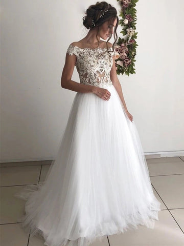 Off the Shoulder Round Neck Lace Wedding, Long Prom Formal Evening Dresses