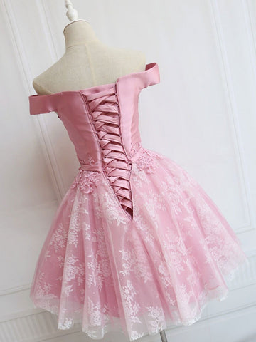 Off the Shoulder Lace Short Pink Prom, Homecoming, Formal Evening Dresses