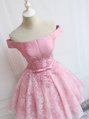 Off the Shoulder Lace Short Pink Prom, Homecoming, Formal Evening Dresses