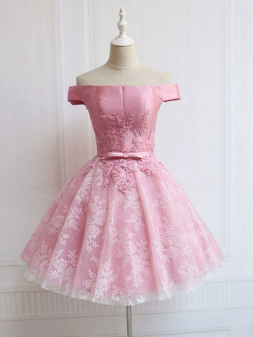 Off the Shoulder Lace Short Pink Prom, Homecoming, Formal Evening Dresses