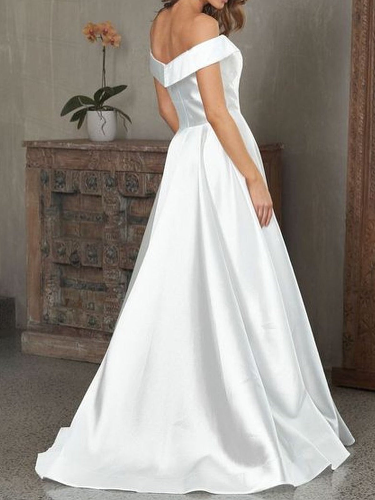 Off the Shoulder V Neck Long Satin  Prom, Formal Evening Dresses