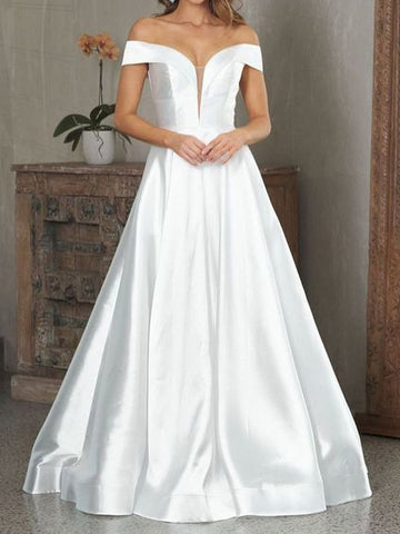 Off the Shoulder V Neck Long Satin  Prom, Formal Evening Dresses