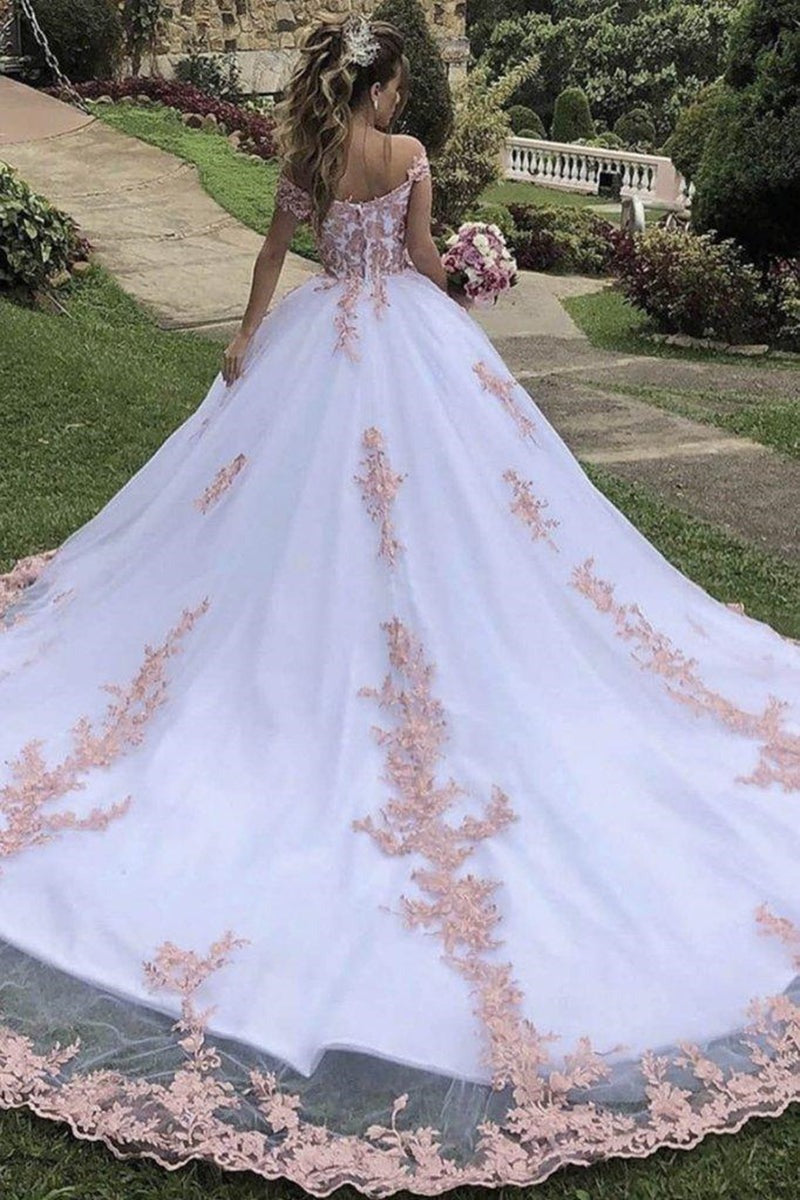 White Off the Shoulder Lace Long Prom Dresses, Formal Evening Dresses, Ball Dresses