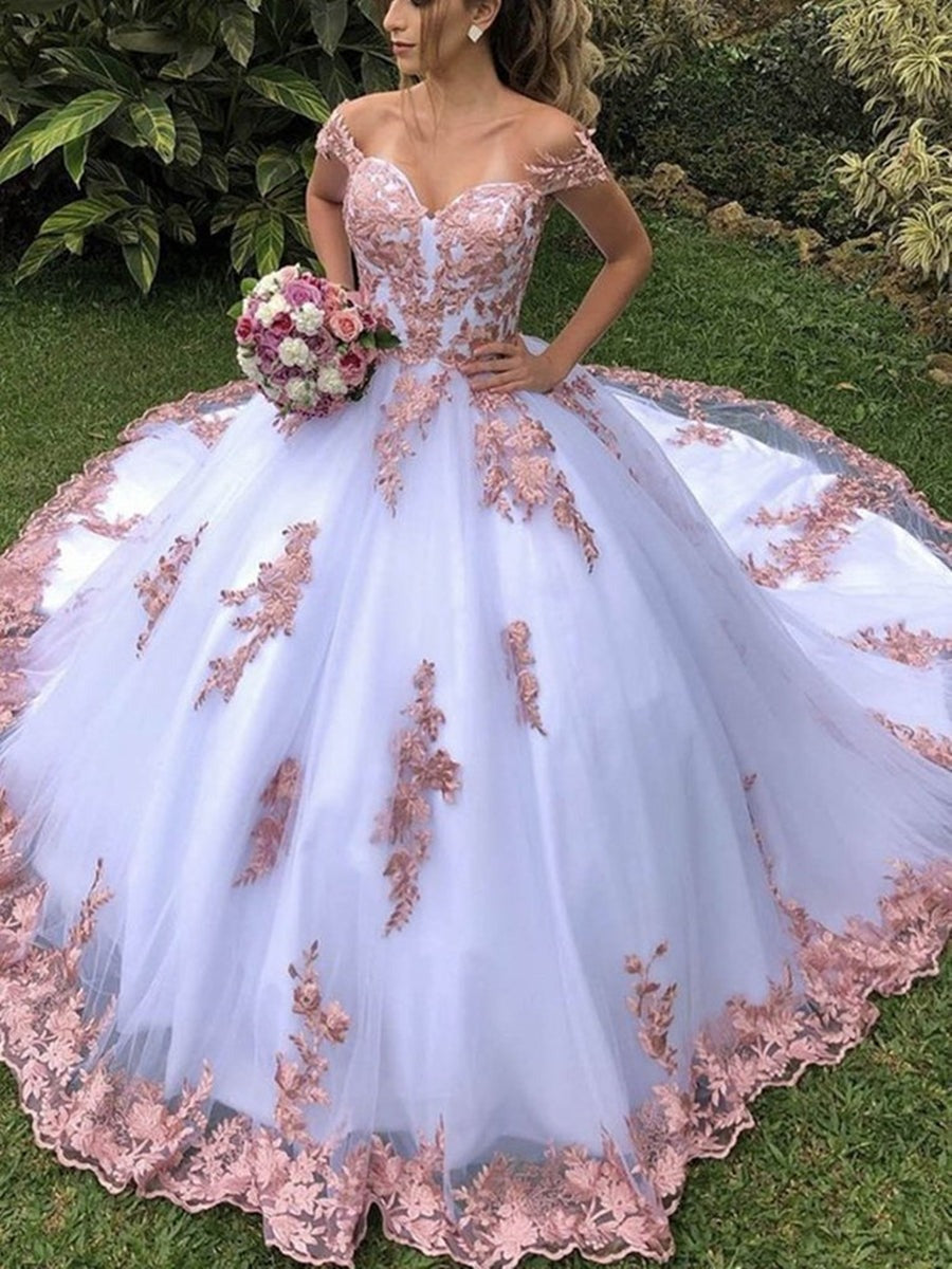 White Off the Shoulder Lace Long Prom Dresses, Formal Evening Dresses, Ball Dresses