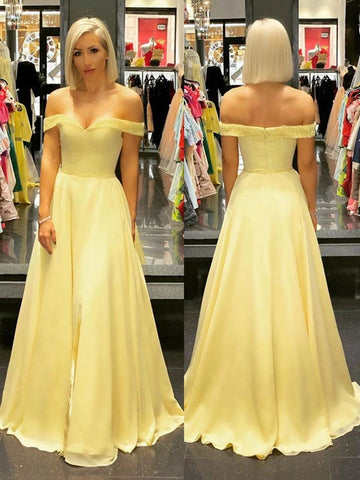 Off the Shoulder Long Yellow  Prom with Beading, Formal Graduation Evening Dresses