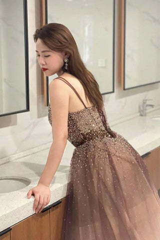 Ombre Deep V-Neck Spaghetti-Strap Tulle Prom Dress with Sequins and Beads