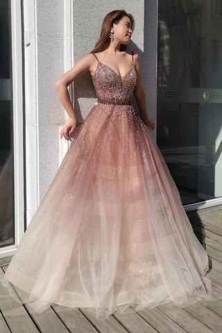 Ombre Deep V-Neck Spaghetti-Strap Tulle Prom Dress with Sequins and Beads