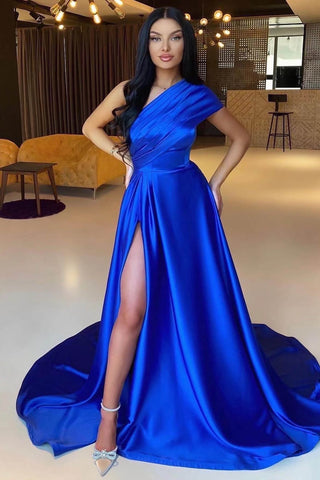 A-Line One-Shoulder  Prom Dress with Dazzling Split
