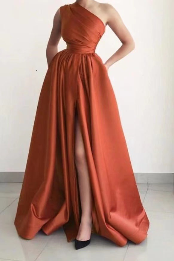 A-Line One-Shoulder  Prom Gown with Dramatic Split and Pockets