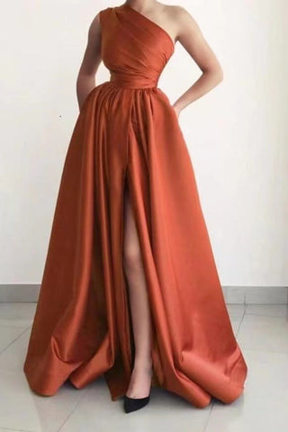 A-Line One-Shoulder  Prom Gown with Dramatic Split and Pockets