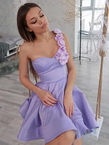 One Shoulder Floral Short Prom with 3D Flowers ,Homecoming, Formal Evening Dresses