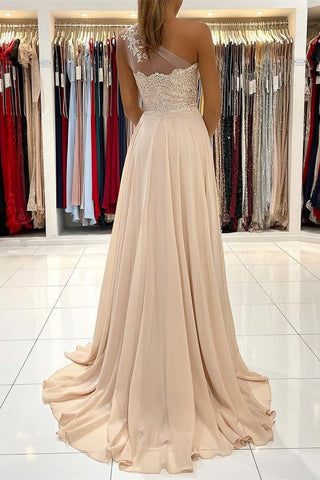 One-Shoulder Appliques Lace  Prom Dress With Slit
