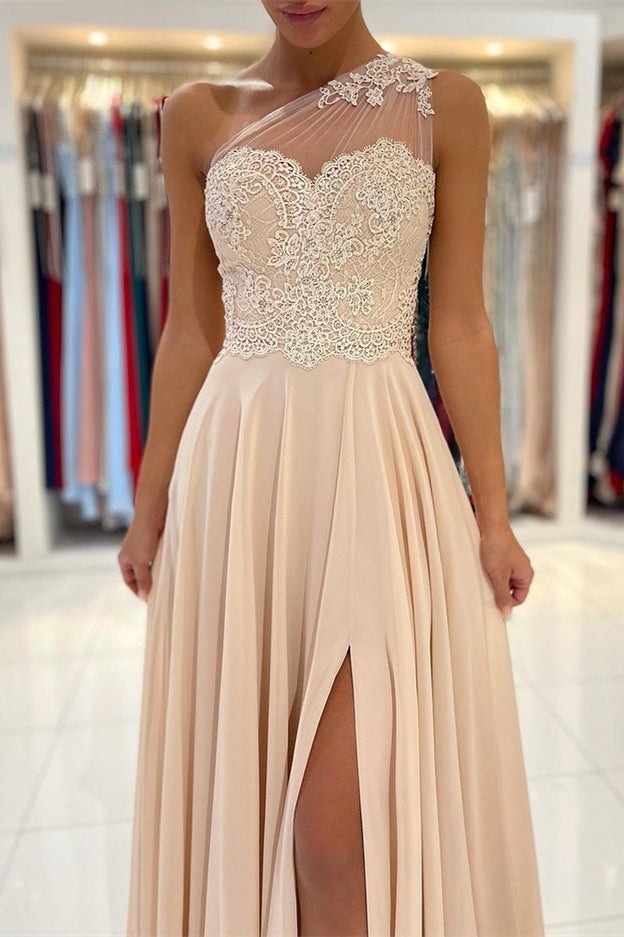 One-Shoulder Appliques Lace  Prom Dress With Slit