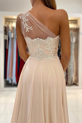 One-Shoulder Appliques Lace  Prom Dress With Slit
