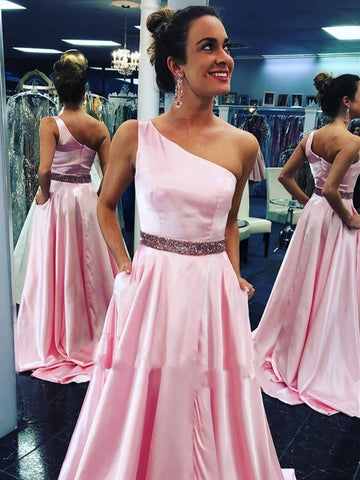 One Shoulder Satin Long Prom, Formal Evening Dresses
