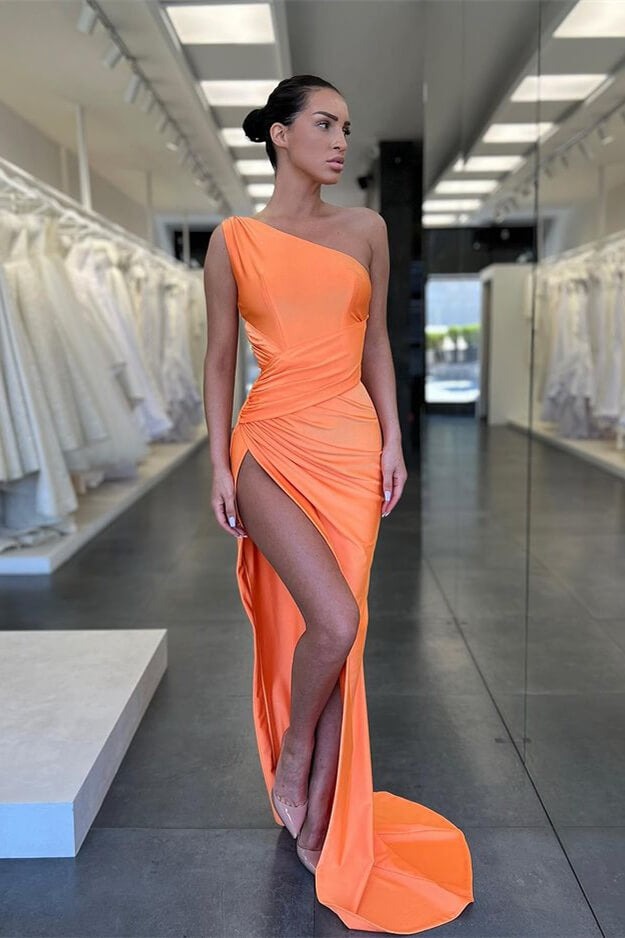 Mermaid One Shoulder Vintage Prom Gown with Dramatic Slit and Pleated Details