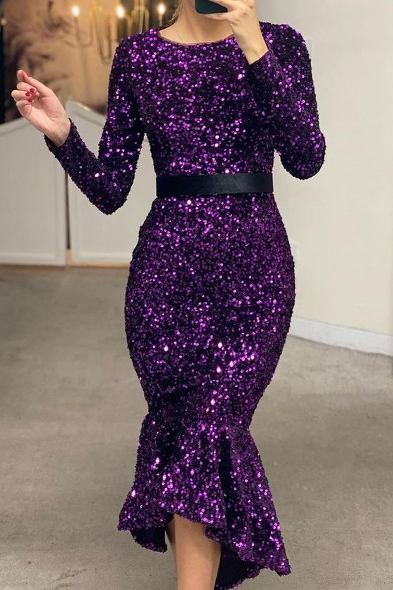 Mermaid Sequins Prom Dress with Belt and Long Sleeves