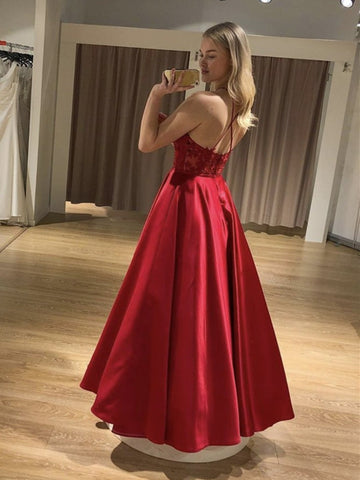 Open Back Floor Length Long Lace Prom with Straps, Formal Graduation Evening Dresses