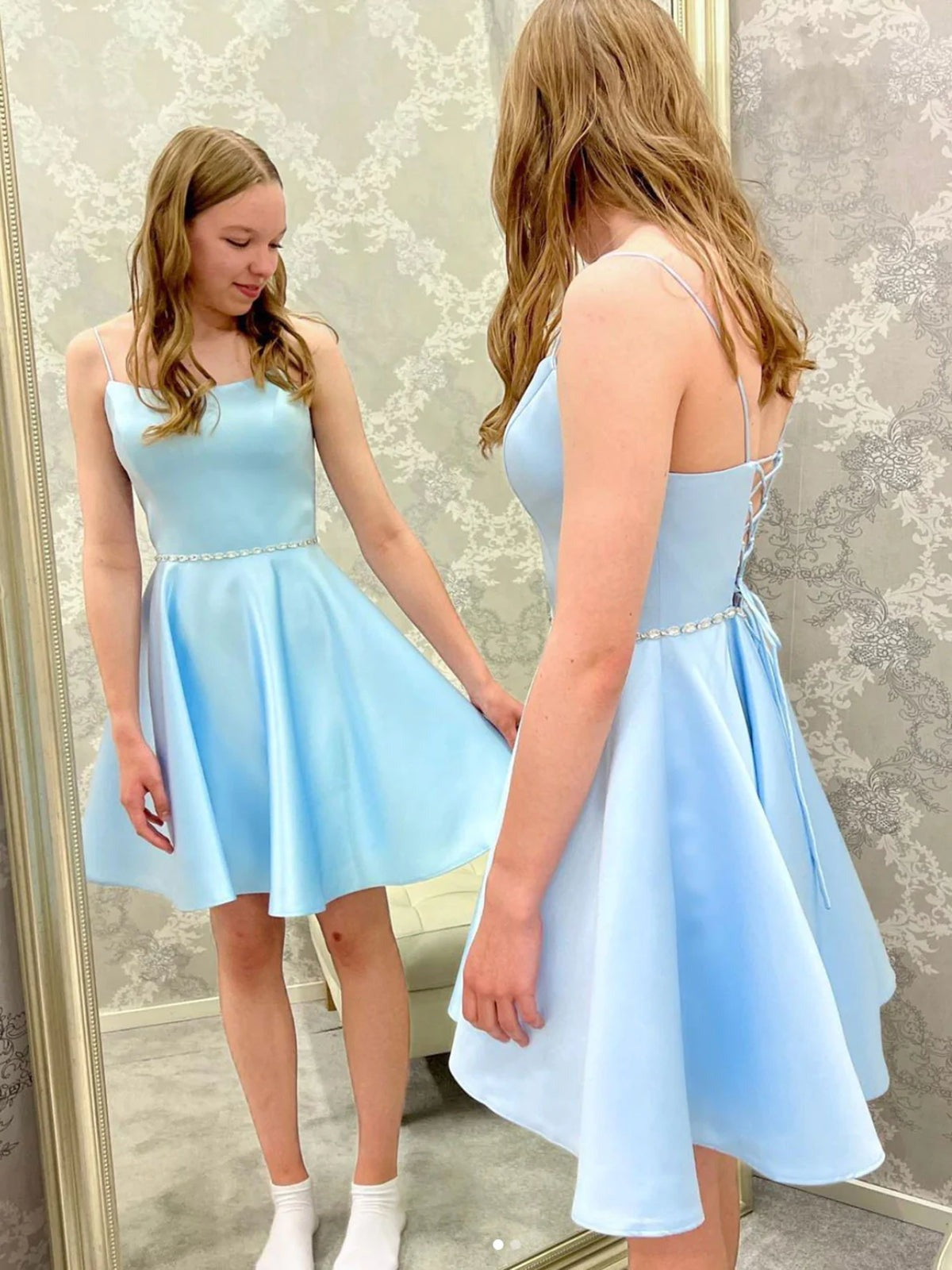 Short Open Back Prom Homecoming Dresses with Belt, Formal Graduation Evening Dresses