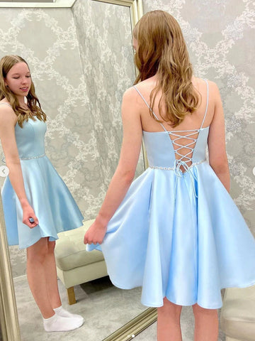 Short Open Back Prom Homecoming Dresses with Belt, Formal Graduation Evening Dresses