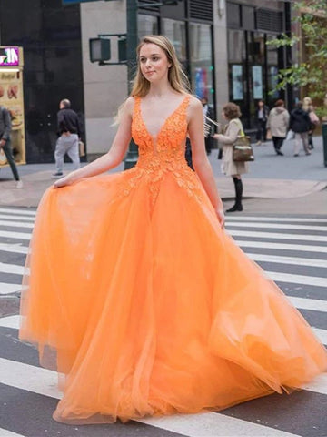 V Neck Tulle Lace Appliques Long Prom, Formal, Evening Dresses