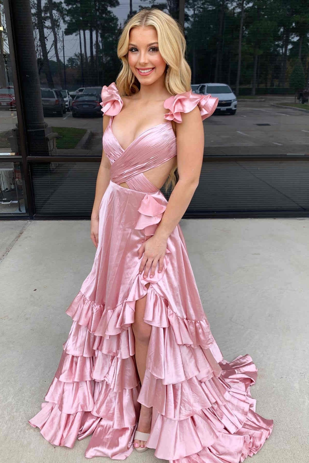 Straps Pleated Layered Ruffled Long Prom Dress