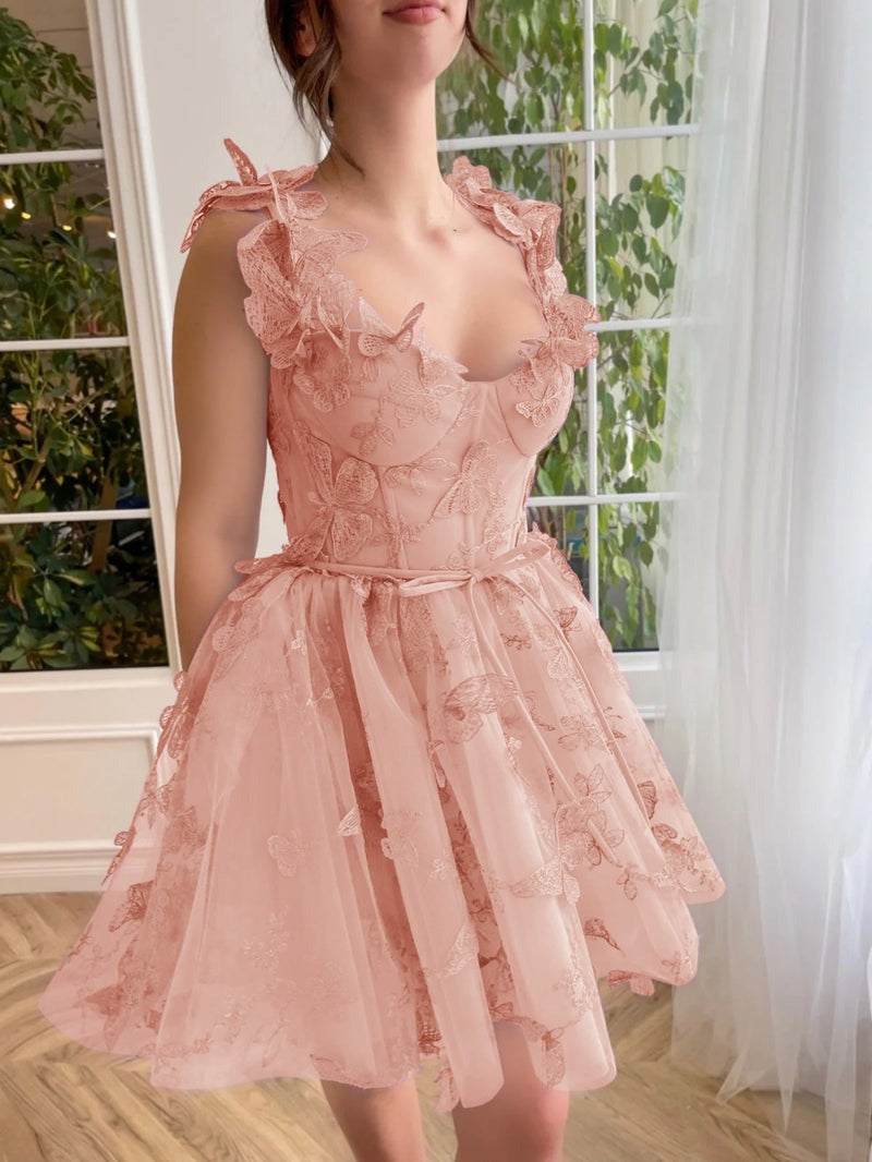3D Butterflies Aline Tulle Short Prom Dresses