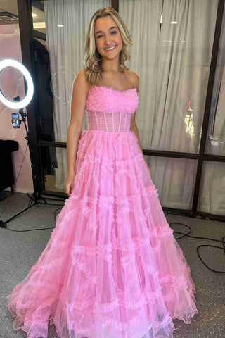 A-Line Strapless Long Corset Ruffled  Prom Dress