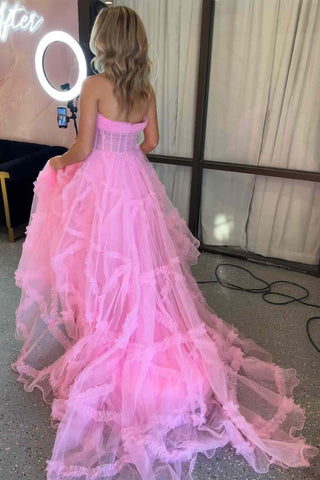 A-Line Strapless Long Corset Ruffled  Prom Dress